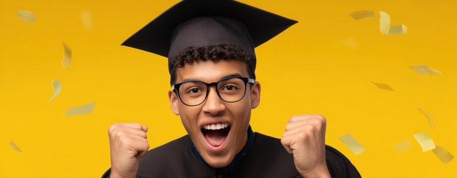 The Graduate Celebrating Success in Cap and Gown with Confetti on Yellow Background