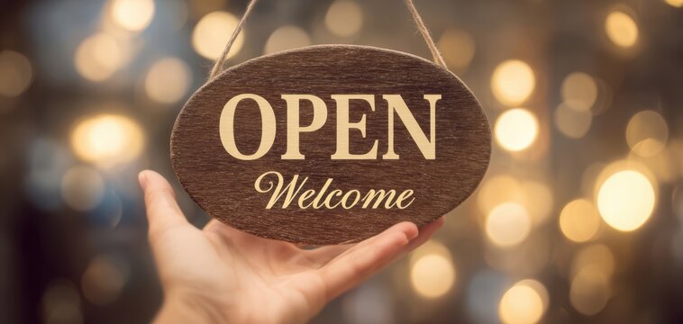 The Open Welcome Sign Held by Hand with Festive Bokeh Background
