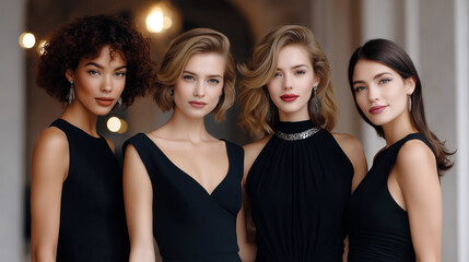 Fototapeta premium Stylish group of fashionable women wearing different variations of little black dresses at a chic cocktail party, soft evening lighting, modern luxury interior, social lifestyle stock aesthetic