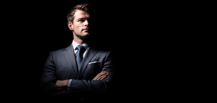 The businessman in a tailored suit standing confidently in dramatic low-key studio lighting