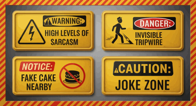Collection of humorous warning signs featuring witty and funny messages, perfect for adding a touch of playful caution to your projects