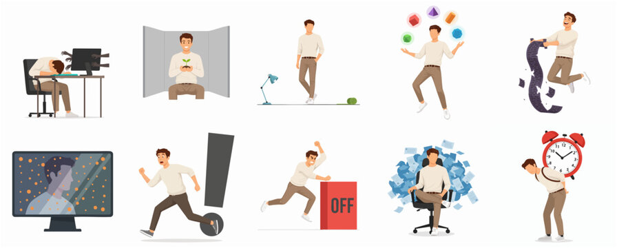 Diverse Illustration of a Man in Various Active Poses and Situations