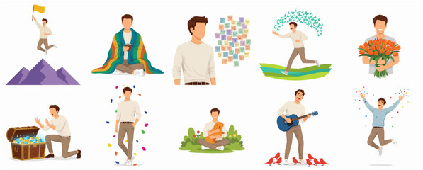 Fototapeta premium Flat Illustration Set Man Character in Different Poses and Situations