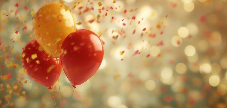 The balloons and falling confetti creating a festive golden bokeh celebration background