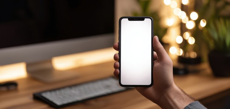 The smartphone held in hand over a warm desk with blurred bokeh lights