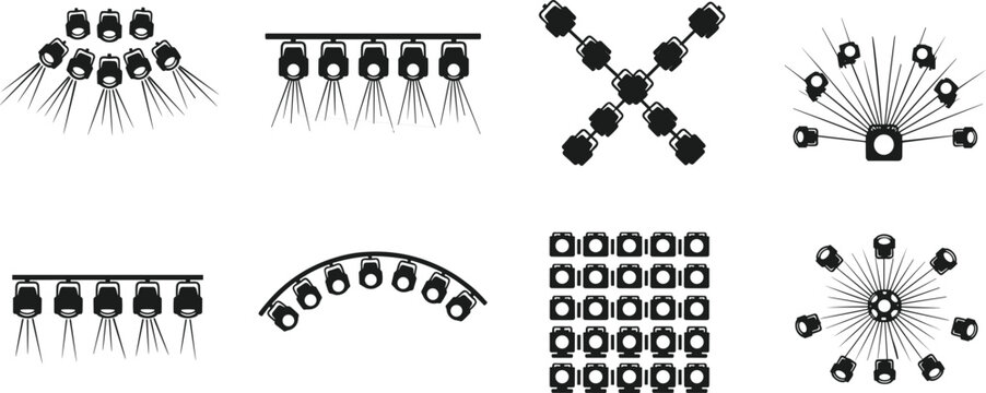 Stage lighting silhouette set with spotlights, rigging, and beam effects isolated on white background, perfect for concert design, theater production, events, and vector illustration projects