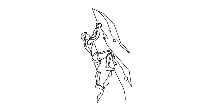 continuous line art drawing of a man rock climbing on a cliff