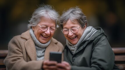 Obraz premium Two elderly women laughing joyfully while looking at a smartphone.