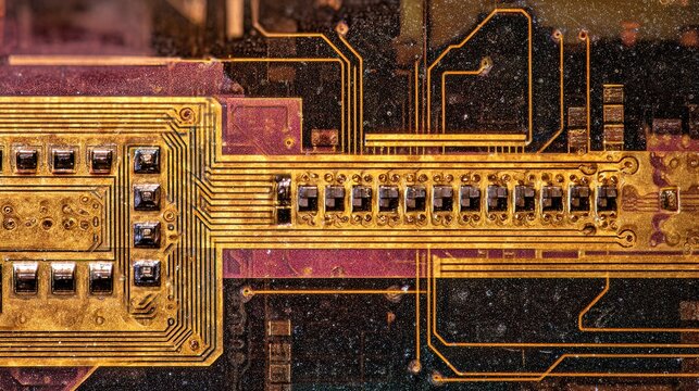 Golden Circuit Board Close-Up: Detailed View of Electronics Components