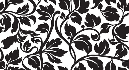 Seamless Black Floral Damask Pattern with Elegant Leafy Vines © RASNA