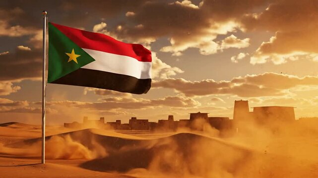 South sudan flag waving in wind against desert landscape and ancient architecture at sunset, cinematic national symbol