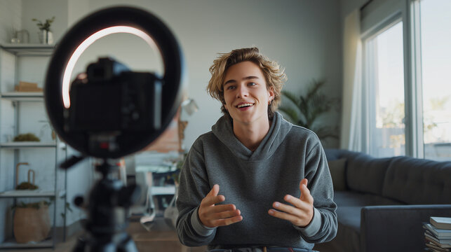 Young content creator recording video with camera and ring light in modern home studio environment ideal for blogging streaming social media and online education concepts