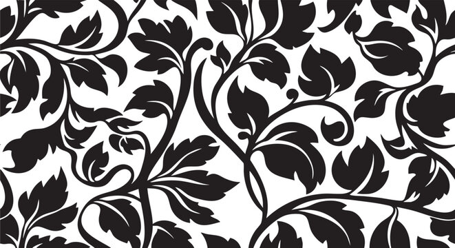 Seamless Black Floral Damask Pattern with Elegant Leafy Vines