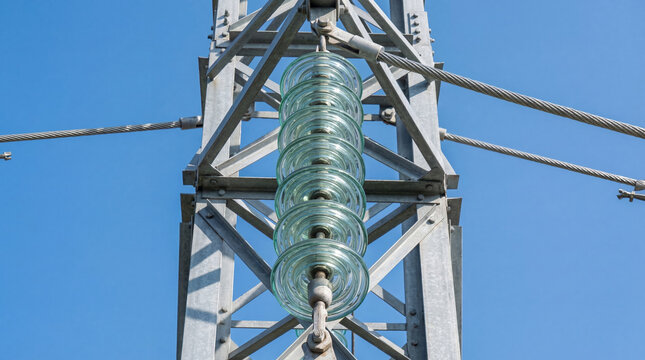 Glass insulator on high voltage power line tower. Electrical substation component for transmission of electricity. Industrial hardware for grid infrastructure and energy distribution.