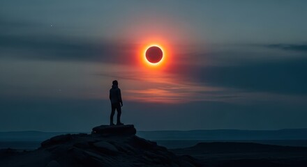 Fototapeta premium Silhouette of a lone person stands on a rocky cliff viewing a total solar eclipse in the sky.