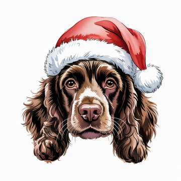 Adorable Boykin Spaniel dog, playfully dons a vibrant red Santa hat, radiating holiday cheer and festive delight, perfect for winter celebrations and seasonal design elements