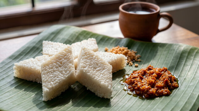 Sri Lankan Kiribath with Lunu Miris and Banana Leaf