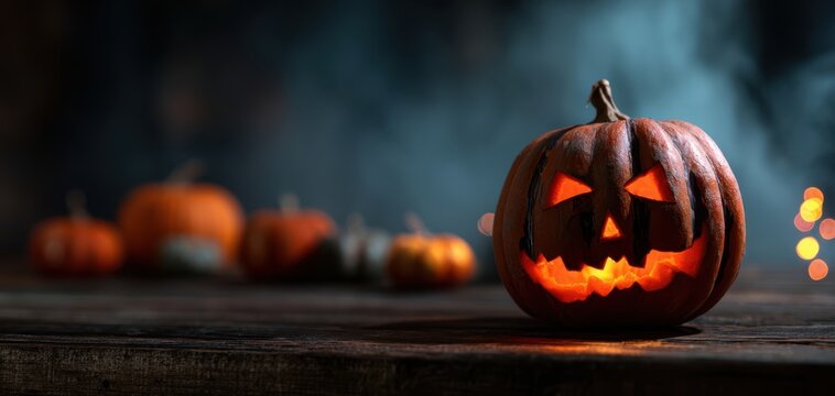 The Pumpkin Jackolantern Glowing on a Rustic Wooden Table with Soft Bokeh Lights