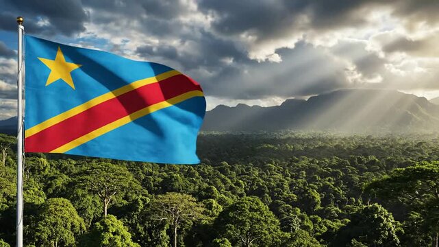 Flag of the democratic republic of the congo waving over lush tropical rainforest landscape at sunset