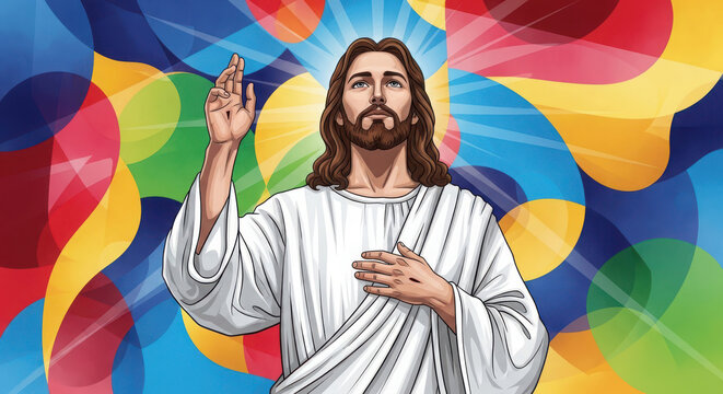 Jesus Christ standing with a hand raised in blessing against a vibrant background featuring bright colorful circular shapes and glowing light rays behind him