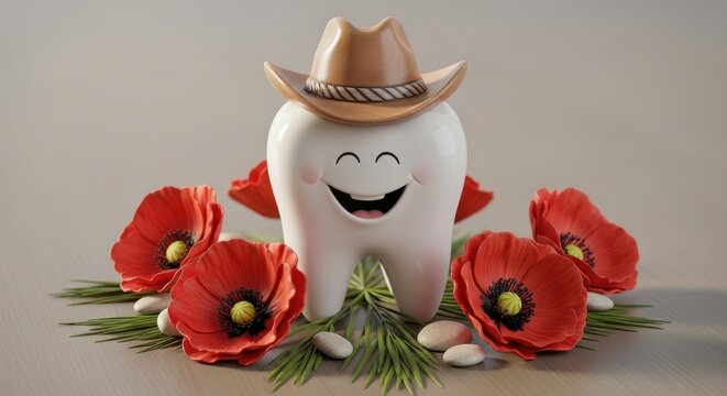 A cheerful white tooth character wearing a brown cowboy hat surrounded by vibrant red poppies.