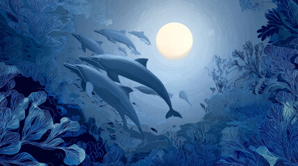 Naklejka premium Dolphins leaping across stylized ocean with bold red sunset, ideal for wildlife posters, ocean storytelling visuals, branding, and artistic nature design concepts