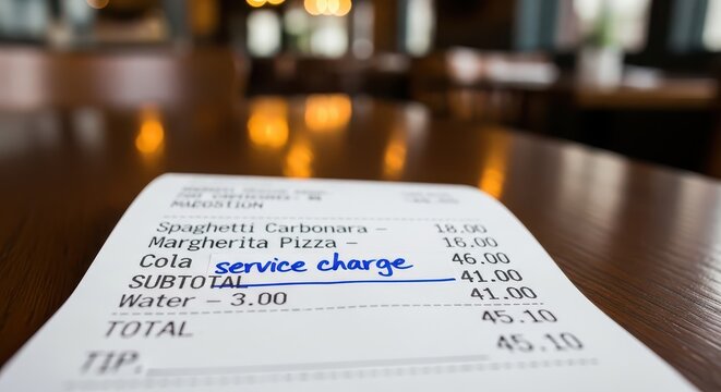 Restaurant receipt lies on a wooden table with a handwritten service charge note.