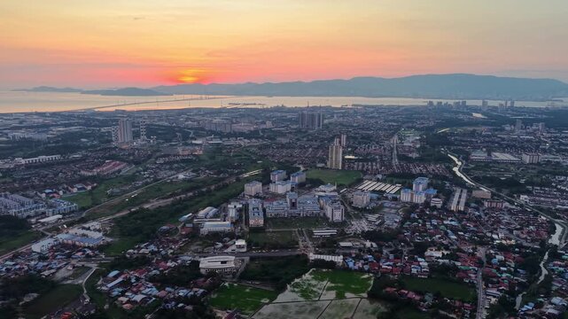 Aerial drone view of UiTM kampus Permatang Pauh at sunset
