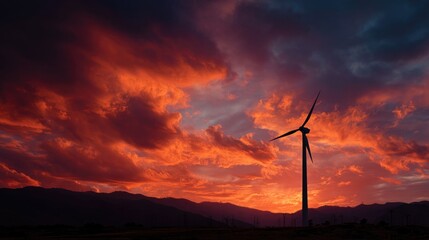 Obraz premium Wind turbine silhouette against dramatic red sunset sky for renewable energy concept