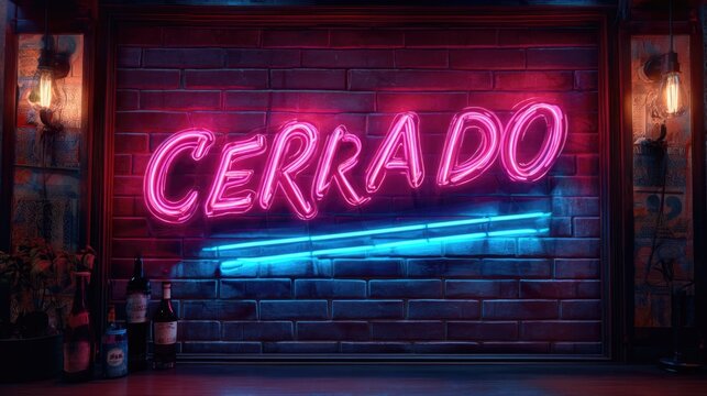 Pink neon closed sign on brick wall inside moody bar interior at night