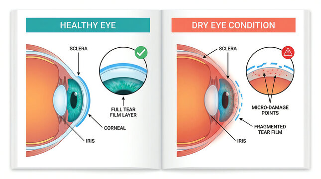 Healthy Eye vs Dry Eye Condition &ndash; Anatomical Comparison Diagram for Ophthalmic Education