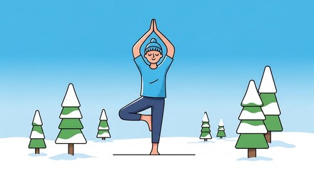 Fototapeta premium person doing tree yoga pose in snowy winter landscape