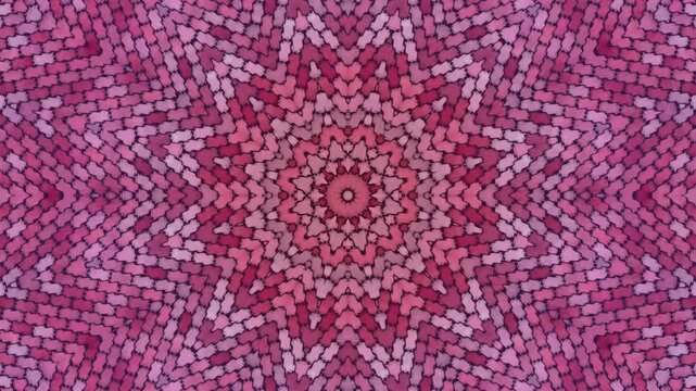 Red and pink kaleidoscope mandala pattern with symmetrical geometric design. Hypnotic abstract background with seamless loop, decorative and artistic visual style.