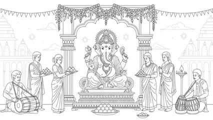 Obraz premium Lord Ganesha Festival Line Art Illustration – Hindu Puja Ceremony, Devotees Offering Prayers, Temple Architecture, Traditional Cultural Scene