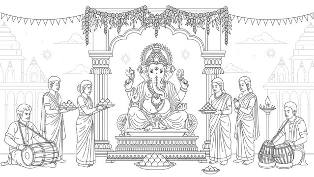 Lord Ganesha Festival Line Art Illustration &ndash; Hindu Puja Ceremony, Devotees Offering Prayers, Temple Architecture, Traditional Cultural Scene
