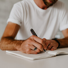 Fototapeta premium Mature African American man writing in notebook at home, journaling and planning for personal growth