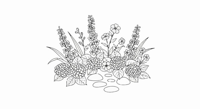 Delicate line drawing of a flower garden with cobblestone path
