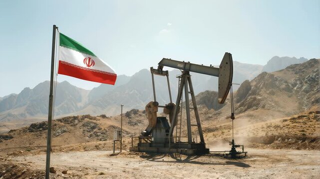 Iranian flag waving near an operating oil pump jack in arid mountains representing national petroleum production and energy resource independence.