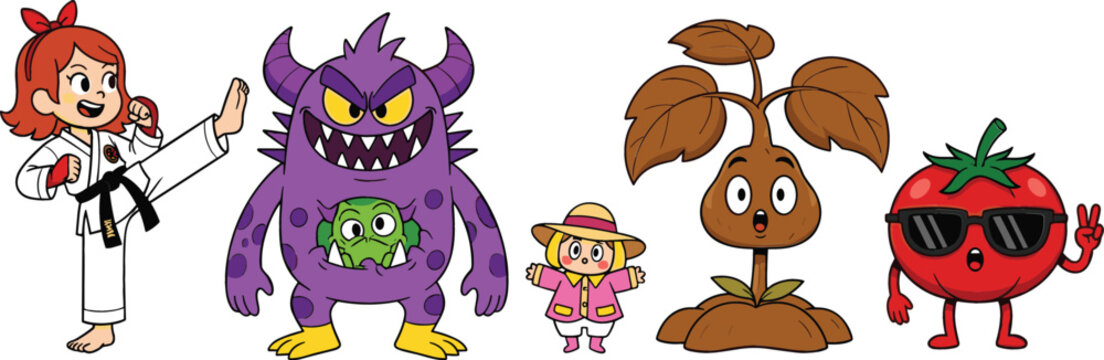 Cute cartoon character collection featuring karate girl purple monster funny plant tomato mascot and explorer kid colorful vector illustration for children design