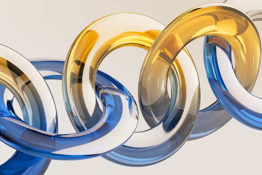 3D glass chain network with linked blue and amber loop