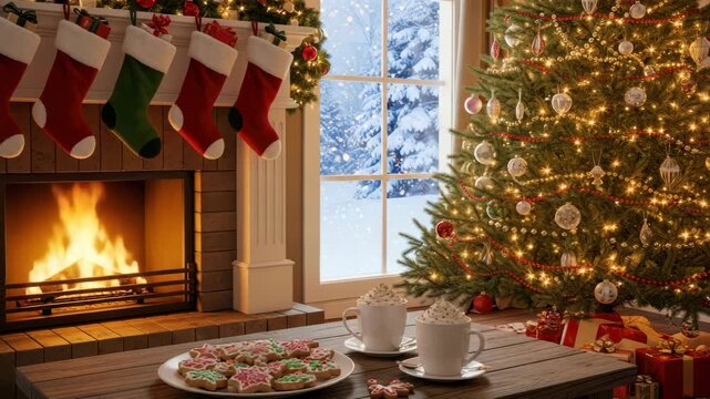 Christmas interior with fireplace and decorated tree