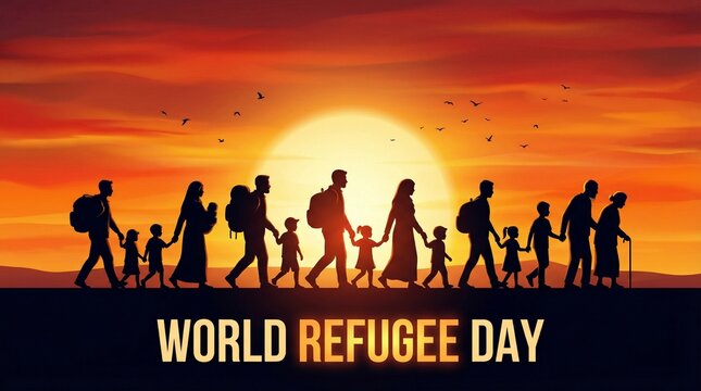 Refugee world day silhouettes of people walking across desert at sunset carrying belongings showing migration journey hope survival and humanitarian awareness concept
