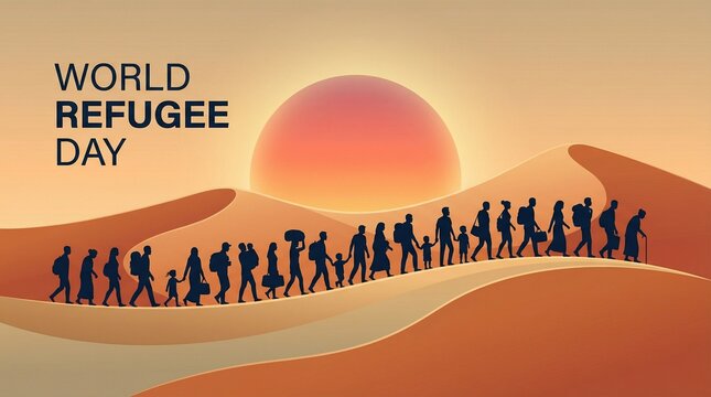 Refugee world day silhouettes of families walking together at sunset with children and luggage symbolizing migration journey hope unity and humanitarian support awareness concept