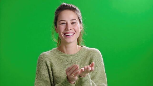 Cheerful Applause: A young woman exudes pure joy, her hands raised in a gesture of appreciation against the vibrant chroma key background. Capturing a moment of elation and approval.