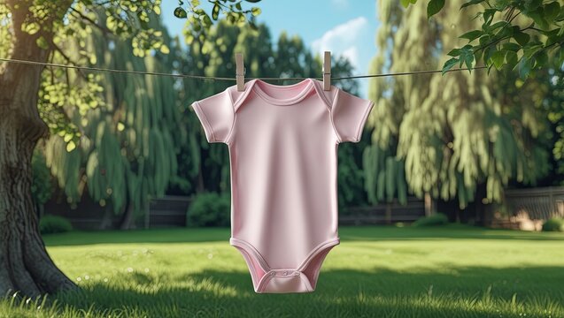 Pink onesies displayed on a clothesline in a backyard with lush green grass and trees, ideal for presenting branding or product design concepts