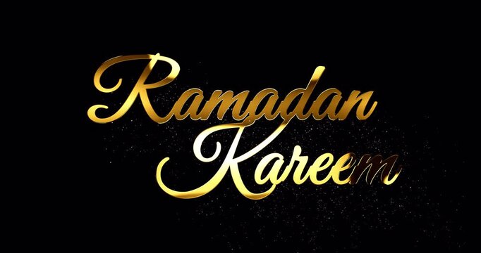 Ramadan Kareem gold inscription with glare and glittering falling particles, specular highlight reflection and golden dust is drifting down from greetings text, footage