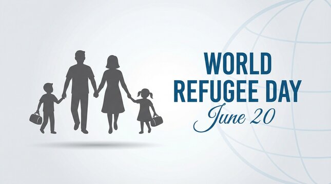 Refugee world day family silhouette illustration holding hands with children and luggage representing migration journey unity hope and humanitarian support for awareness design