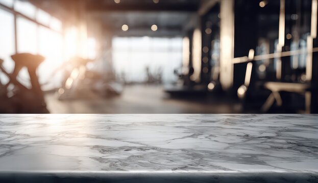 Empty Marble Table Surface in Blurred Modern Gym Interior with Large Windows and Soft Morning Sunlight Creating a Peaceful and Motivating Atmosphere