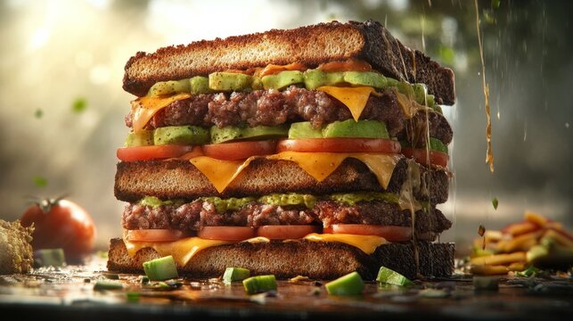 Layered sandwich stacked high with juicy beef patties, melted cheese, fresh vegetables, and crispy bread, showcasing deliciousness and indulgence in a rustic setting