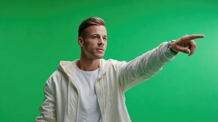 Naklejka premium Man Pointing: A man in a light jacket points towards a direction with a focused expression, against a vibrant green background, creating a sense of guidance.